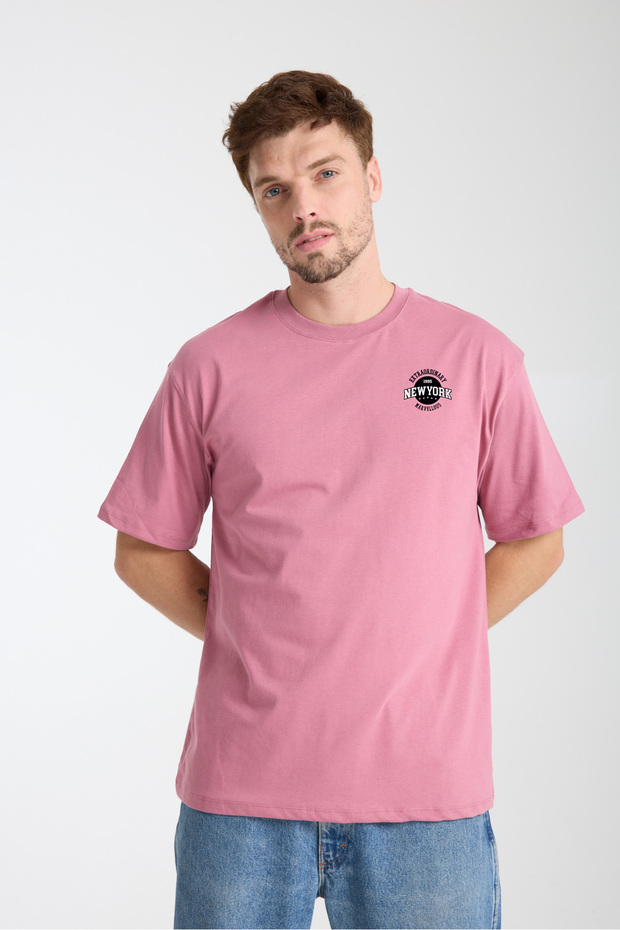 Men's Crew Neck New York Oversize Tshirt with Print Detail