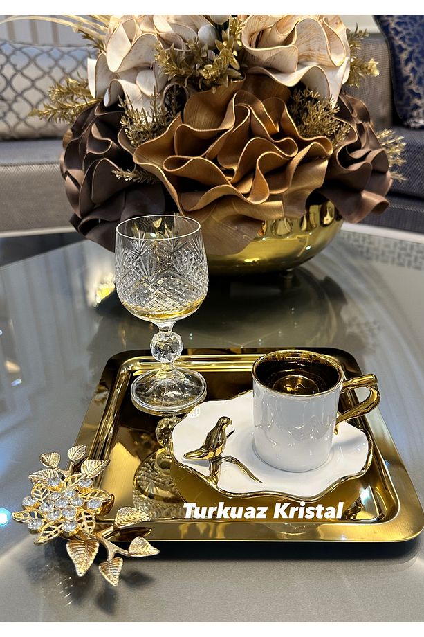 2 Adet Metal Gold Tek Kişilik Çay Kahve Sunum Tepsisi - 1