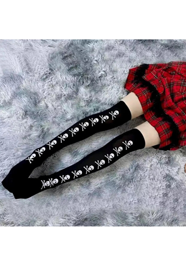 Special Series Women's Extra Long Black Skulls Danger Skull Knee High Socks