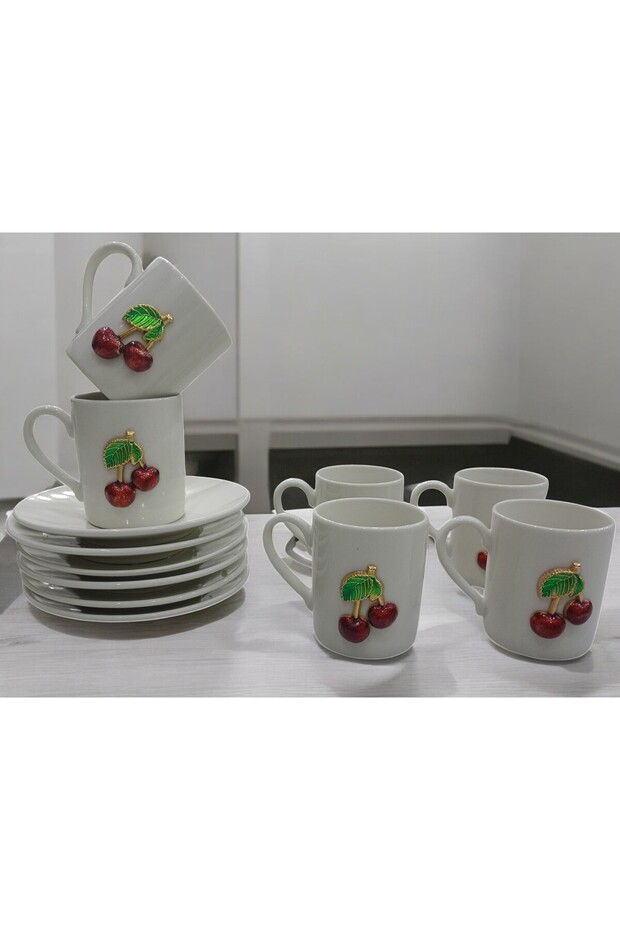 6 kişilik Kiraz Model 12 Parça Porselen Kahve Fincan Takımı - Şık Kahve Fincan Seti 120 ml - 1