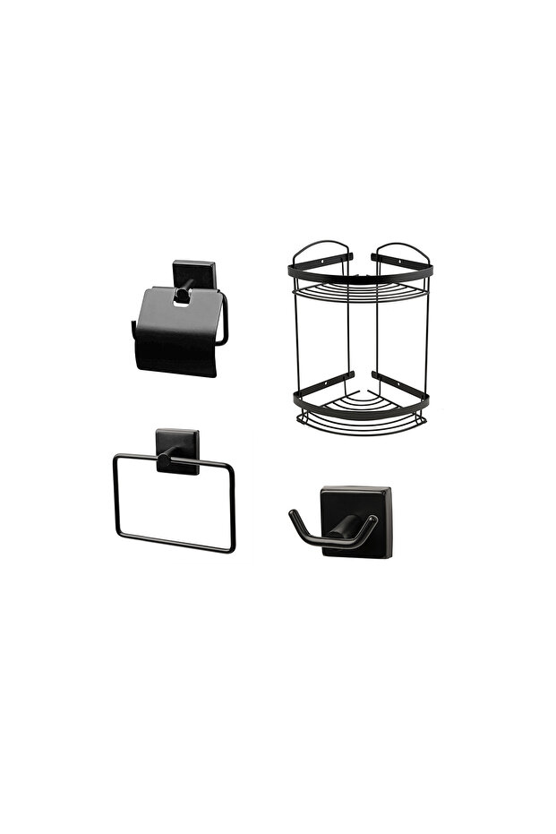 Stainless Black 4-Piece Bathroom Set Shampoo Holder, Robe Holder, Wc Paper Holder and Towel Holder.