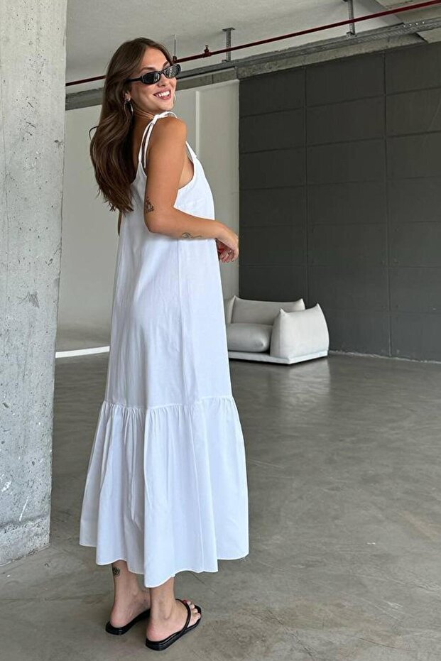 Askılı Poplin Kumaş Plaj Elbisesi Midi Boy - 787 - 5