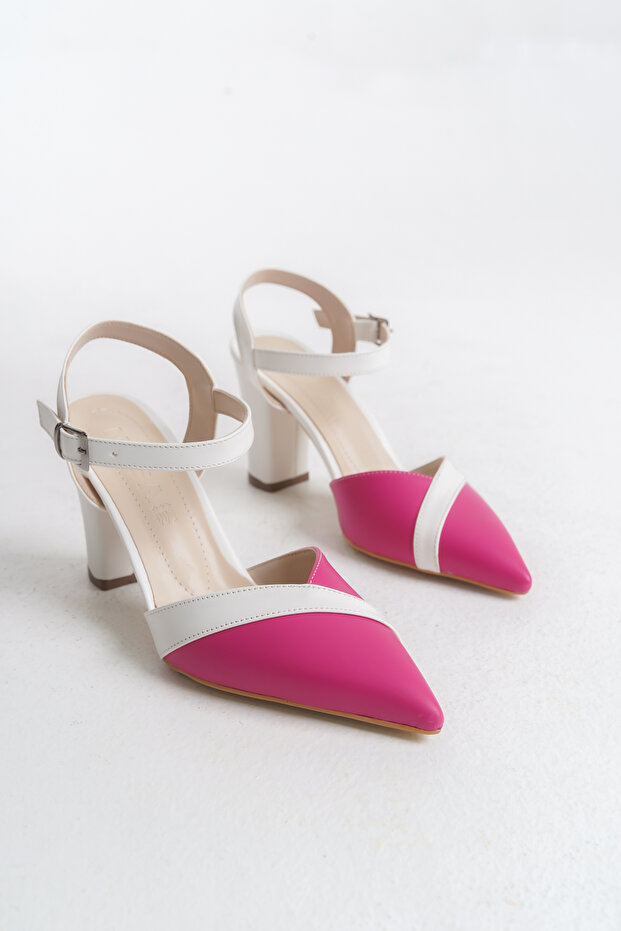 Fuchsia-White Ankle Strap Classic Heeled Women's Shoes