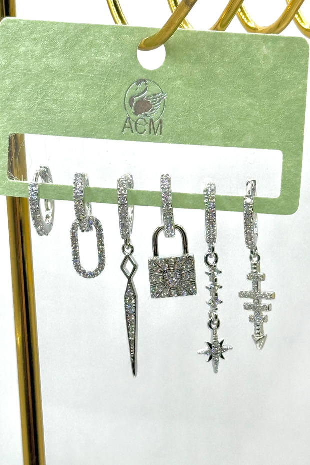 Women's Earrings Imported Full Zircon Series 6-Piece Lock Fishbone Model Tarnish Free Earrings