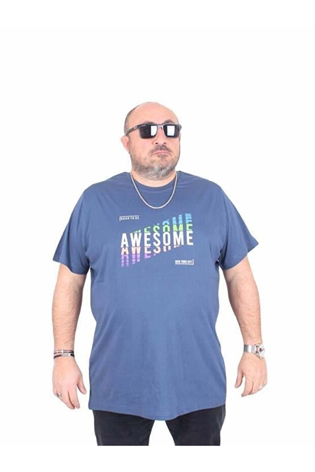 Men's Big Size Crew Neck T-Shirt Awesome 25164 Indigo