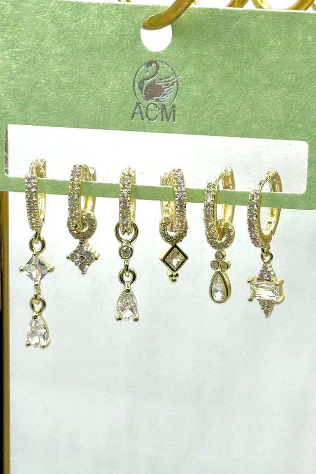 Women's Earrings Imported Full Zircon Series 6-Piece Square Drop Baguette Model Tarnish-Free Earrings