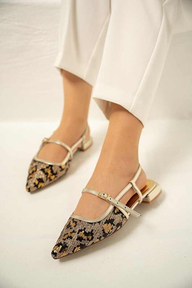 Pepuza Gold Buckle Sequin Patterned Women's Ballerinas