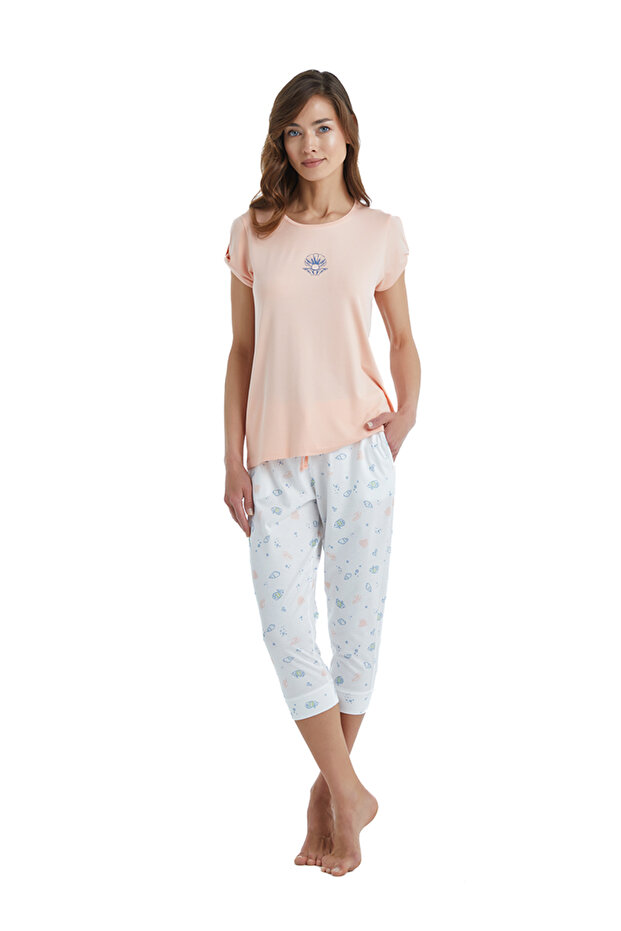Women's Short Sleeve Capri Pajamas Set-51342-Salmon
