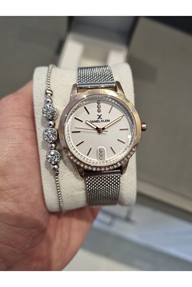 Rose/Silver Outside Stones Mesh Steel Bracelet Women's Wristwatch
