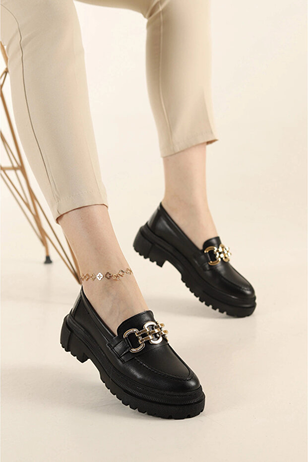 Women's Thick Sole Loafer Moccasin Shoes Gold Thick Chain