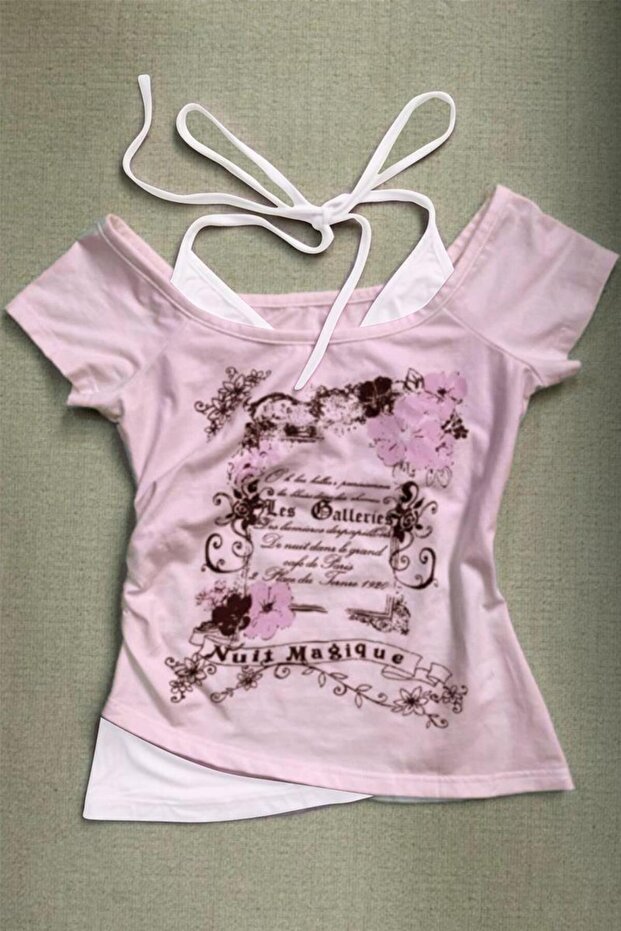 Pink Nuit Magique Madonna Collar Gothic Y2K Short Sleeve Full Body Crop with Additional Strap
