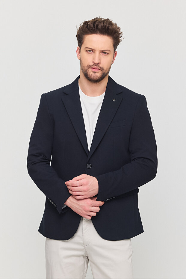 3115 Men's Navy Blue Flexible Lycra Cotton Blended Slim Fit Spring-Summer Sports Blazer Jacket