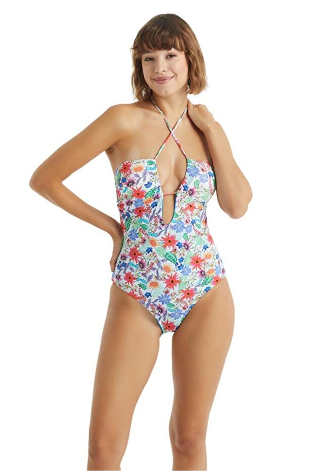 Women's Strapless Halter Lace-Up White Patterned Swimsuit C6T2N2O01