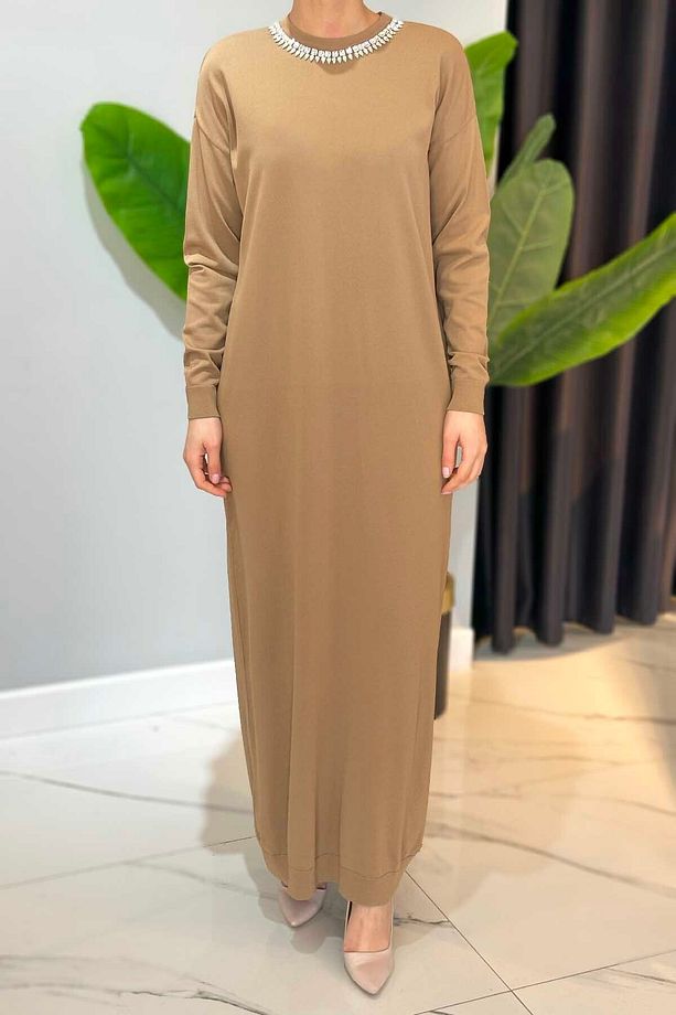 Amore Taş İşlemeli Triko Elbise 4712 Camel - 1