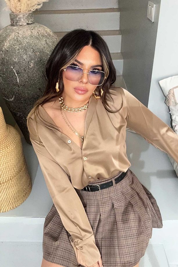 Pileli Kemer Detay Kareli Şort Etek Mocha Moısse - 4