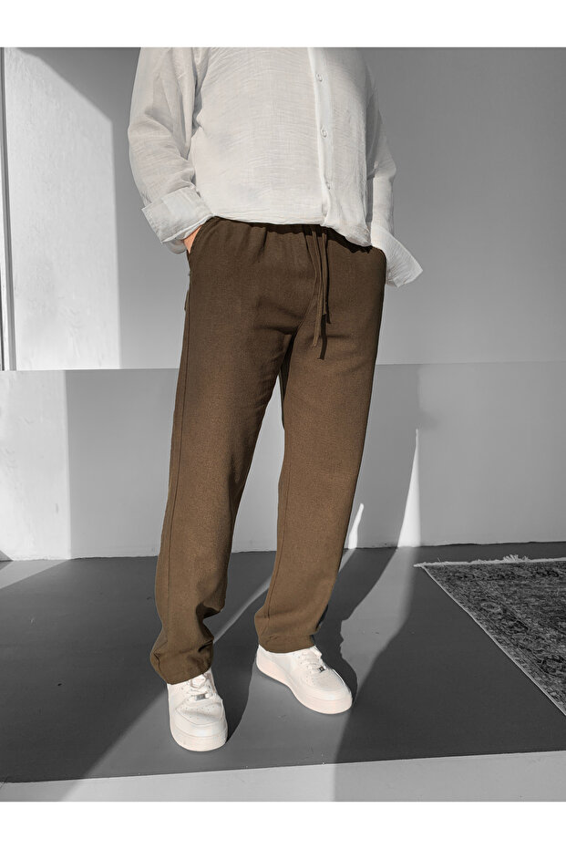 Brown Relaxed Cut Baggy Linen Trousers