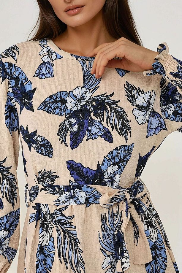 Çiçek Desenli Uzun Kol Kuşaklı Örme Modest Elbise - 5