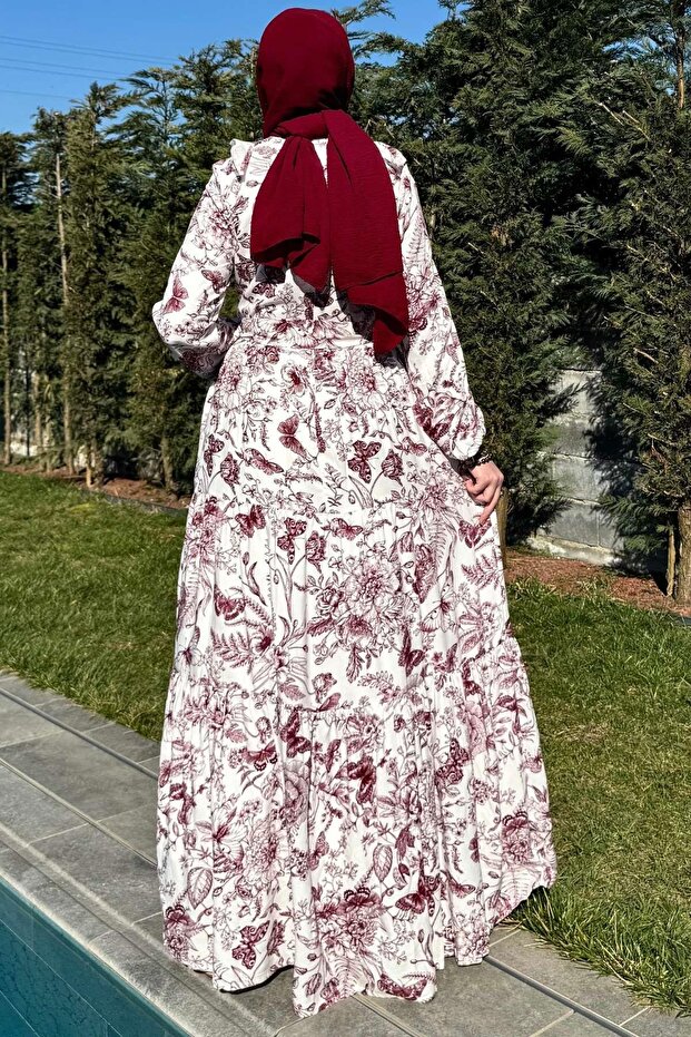 Botanik Elbise Bordo - 8