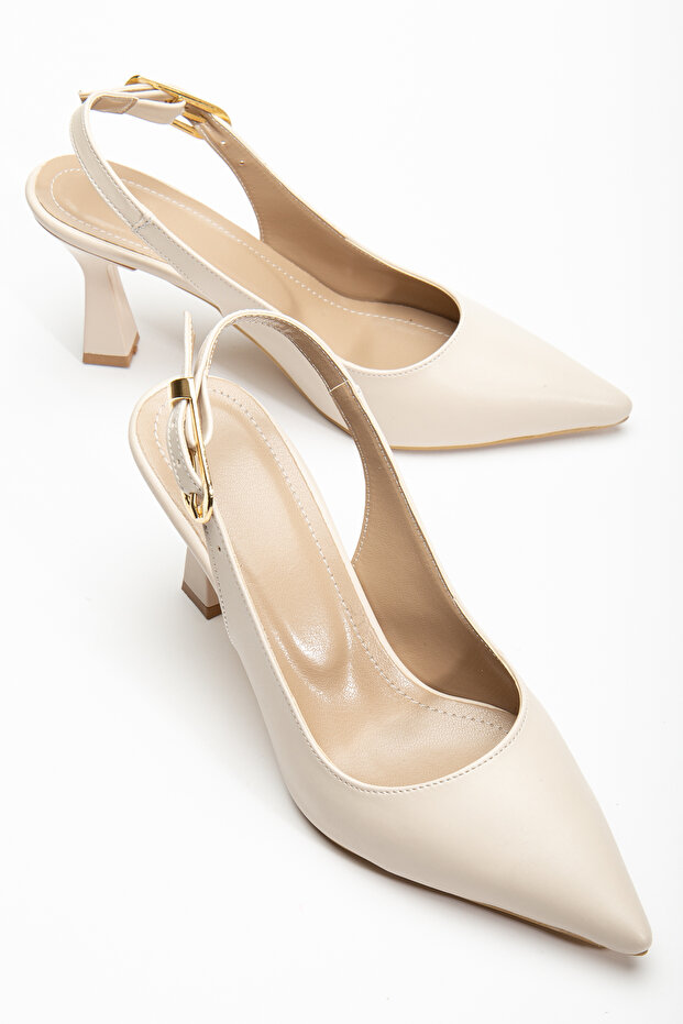 Women's Beige Faux Leather Buckled Slingback Pointed-Toe Thin-Heeled Shoes