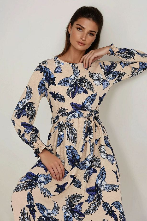 Çiçek Desenli Uzun Kol Kuşaklı Örme Modest Elbise - 2