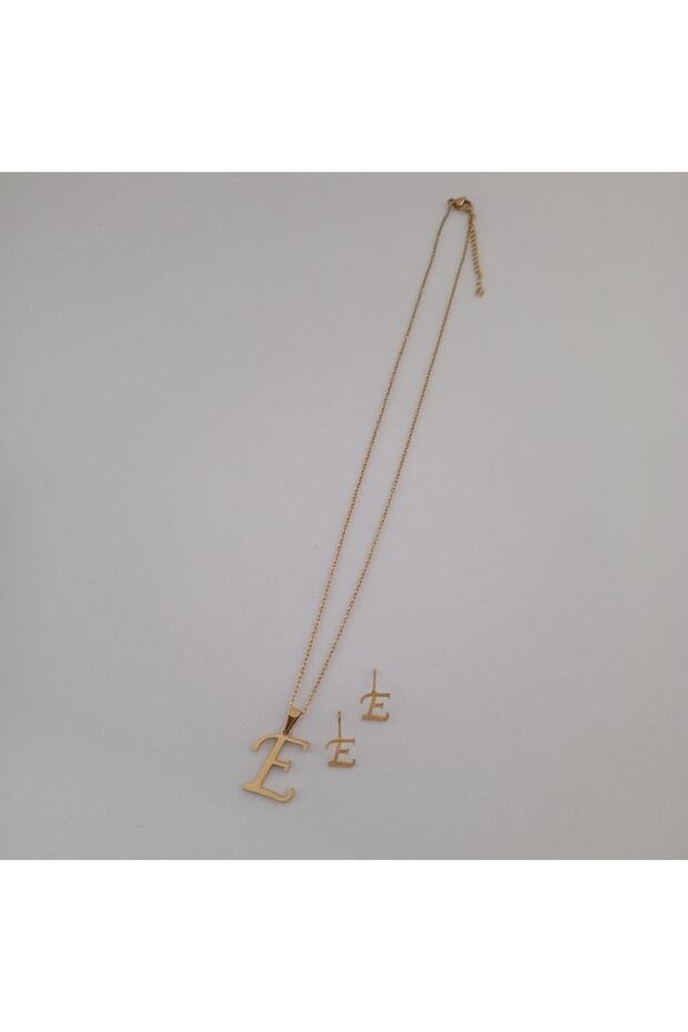 Çelik E Harfi Kolye Küpe Seti - 3