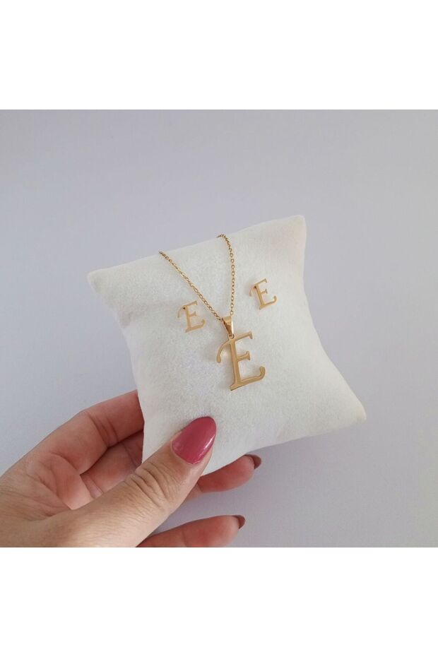 Çelik E Harfi Kolye Küpe Seti - 1