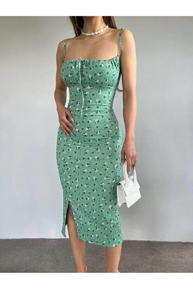 Women's Green Daisy Patterned Sling Dress 10546