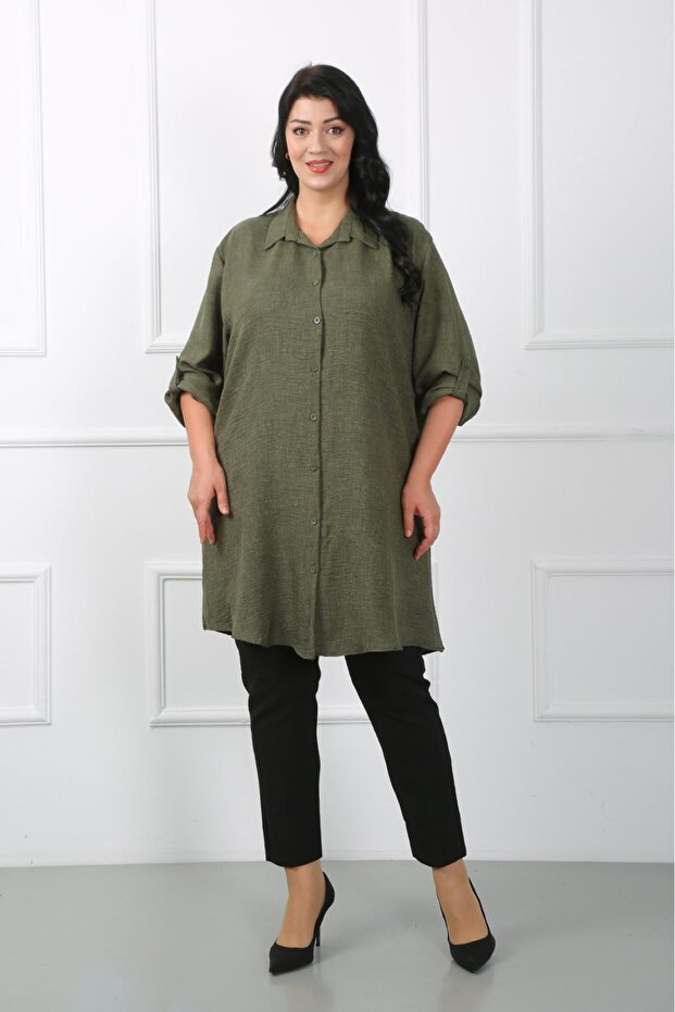 Women's Dark Khaki Soft Linen Large Size Tunic
