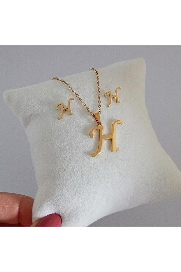 Çelik H Harfi Kolye Küpe Seti - 1