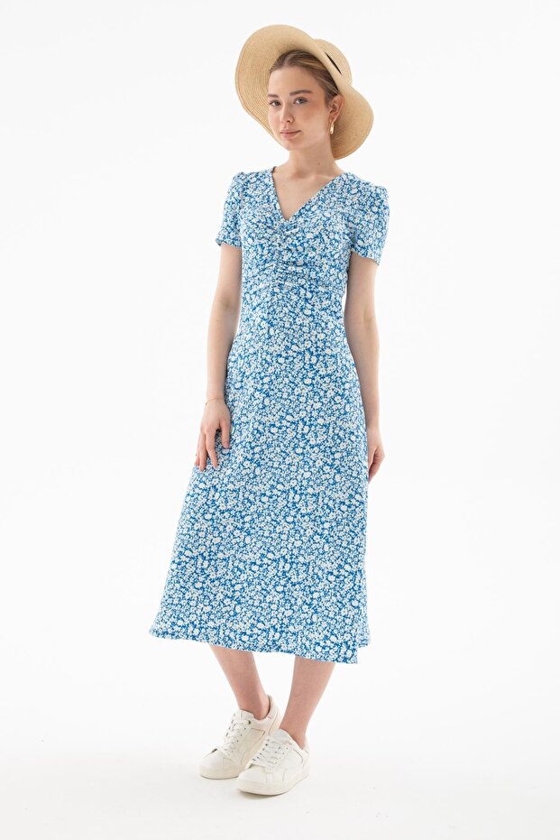 V-Neck Patterned Dress Blue