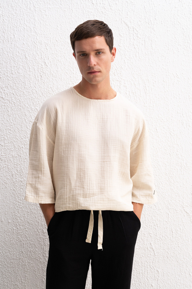Oversize Embroidered Textured Half Sleeve Beige T-Shirt