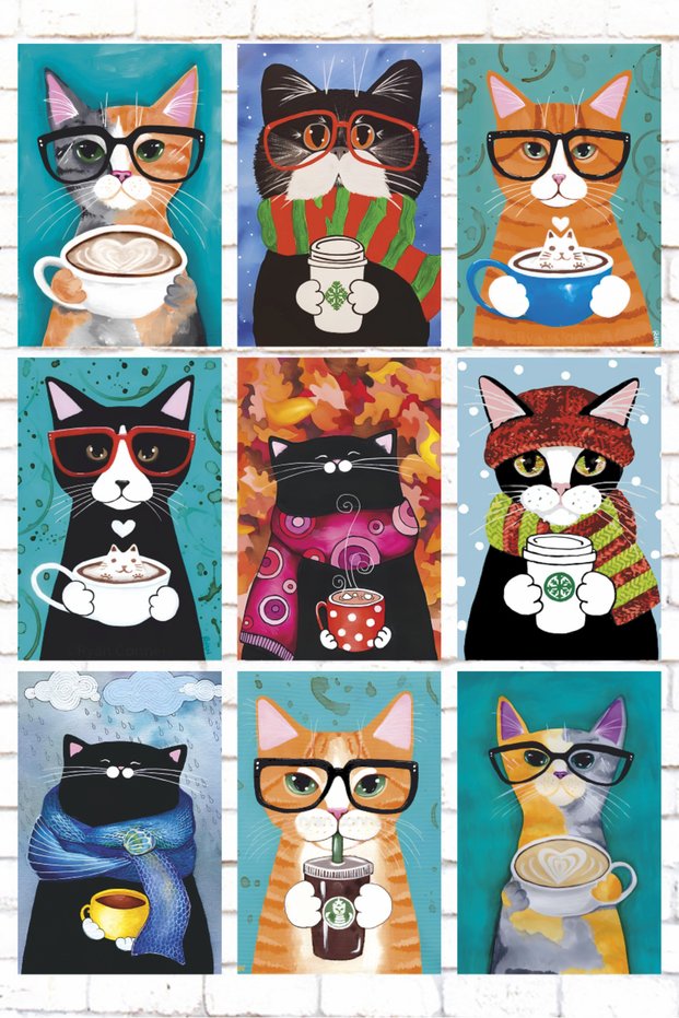 9 Pieces Mixed Wood Painting Set Coffee Drinking Cats Home Kitchen Cafe Decoration Wooden Posters Set