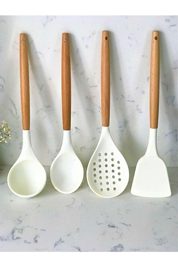 Silicone Bamboo Handle 4 Piece Kitchen Serving Set (pot-spoon-colander-spatula) White