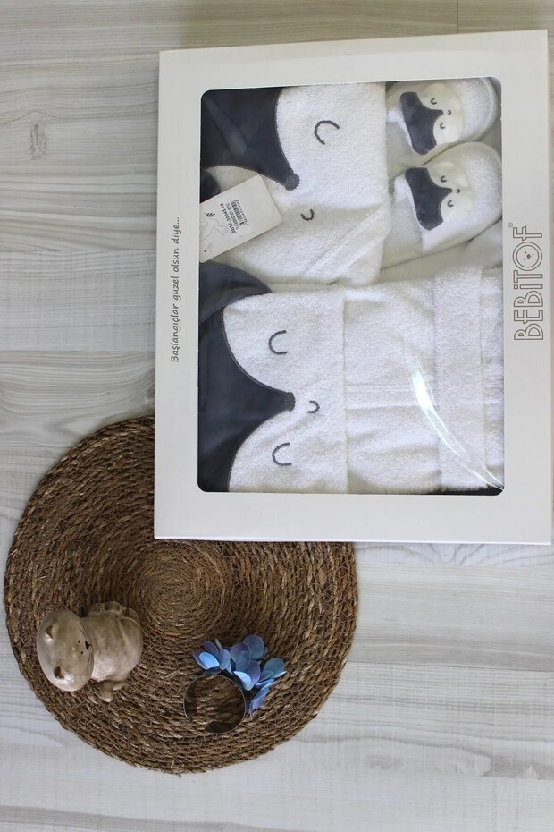 Unisex Fox Patterned 0-24 Month Bathrobe Set // 30045 Ecru Color - 1