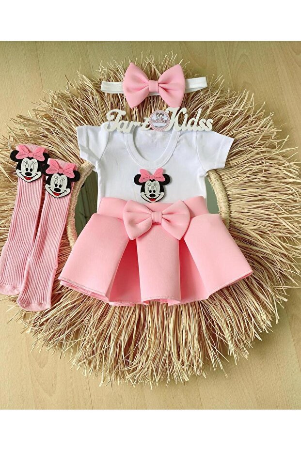 Girls' short-sleeve pink and white skirt set