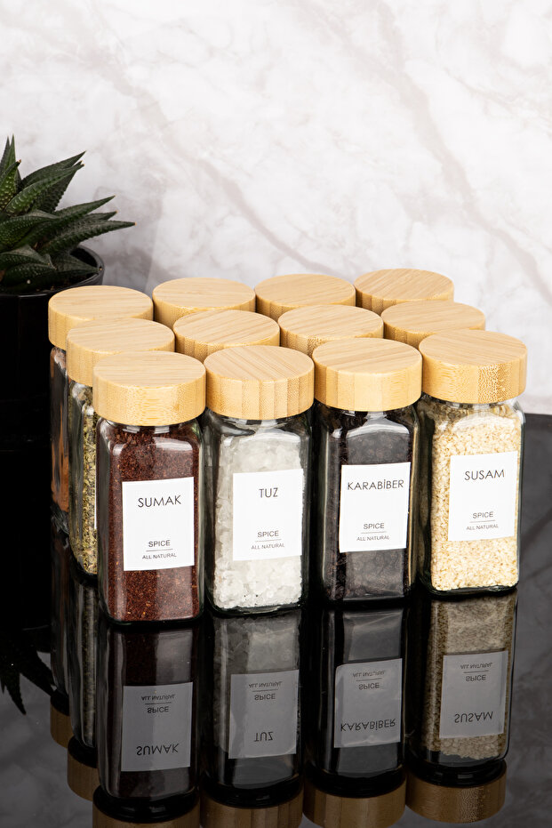 Set of 12 Square Shaped Glass Spice Jars with Bamboo Lids / 18 Labels