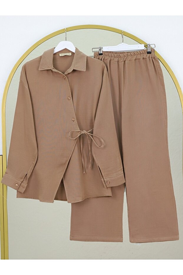 Cross Buttoned Double Laced Muslin Suit - Mink