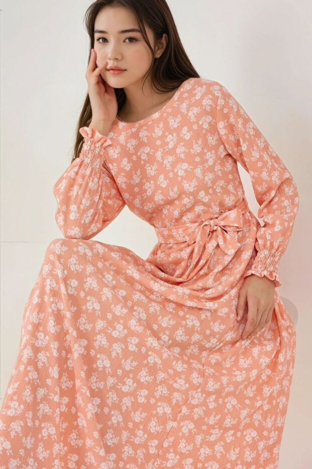 Çiçek Desenli Uzun Kol Örme Modest Elbise - 2