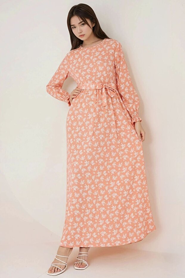 Çiçek Desenli Uzun Kol Örme Modest Elbise - 3