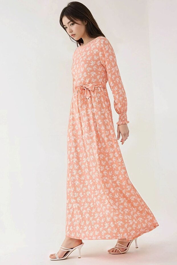 Çiçek Desenli Uzun Kol Örme Modest Elbise - 4