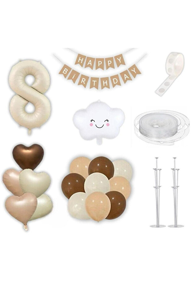 8 Year Old Retro Birthday Party Set - Cream Number Foil, Kraft Banner, 3-Piece Heart Foil