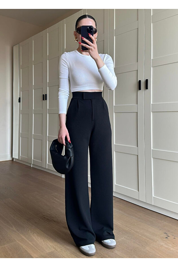 Tess Women's Lycra Velcro Closure Black Palazzo Trousers