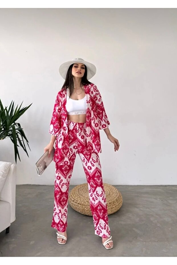 طقم كيمونو مزدوج منقوش باللون الفوشيا - 3