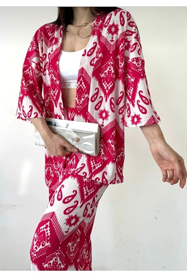 طقم كيمونو مزدوج منقوش باللون الفوشيا - 2