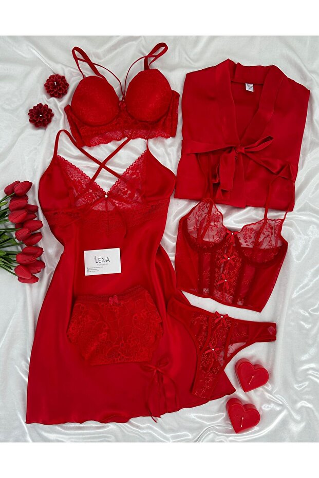Red Tresy Satin Boxed 6 Piece Nightgown, Dressing Gown, Underwear, Dowry Set