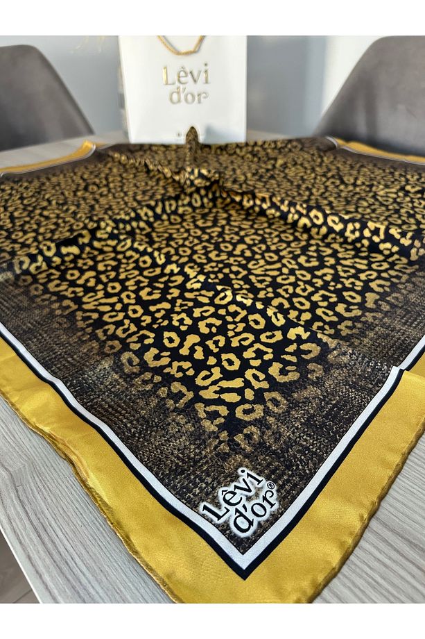 Mini Leopar Desen Twill İpek Eşarp Gold - 3