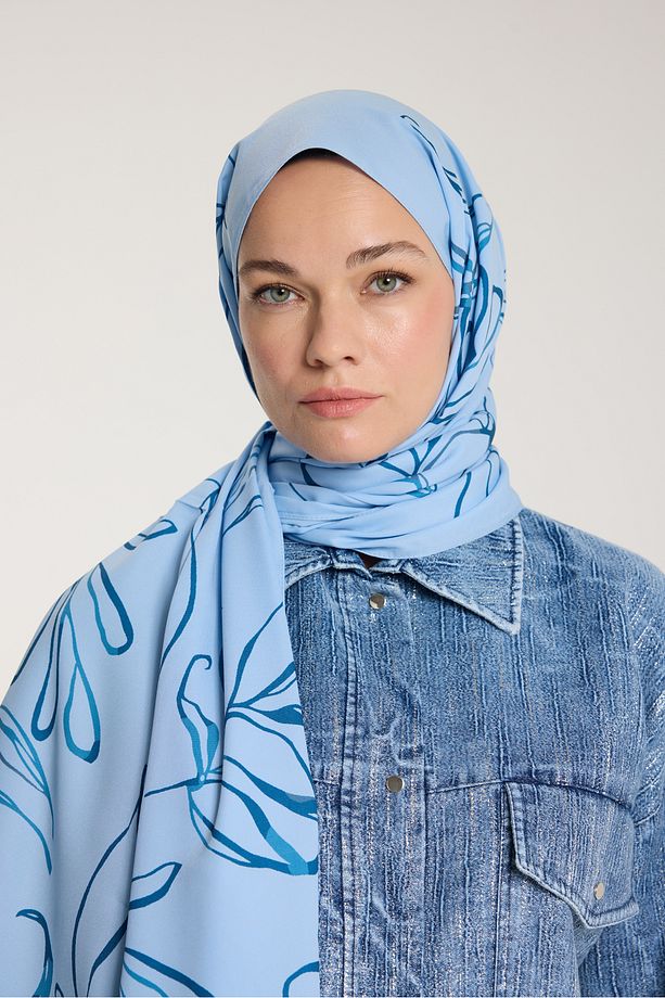 Pure Tone Şal - Yaprak Desen - Bebe Mavisi - Mavi - 4