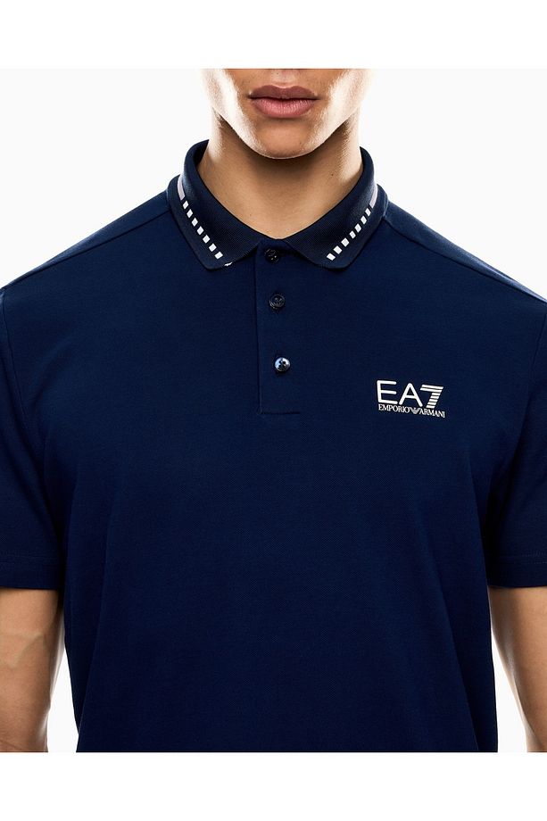 Erkek Regular Fit Esnek Pamuklu Pike Kumaş Yakası Desenli EA7 Logolu Kısa Kollu Mavi Polo Yaka T-Shi - 5