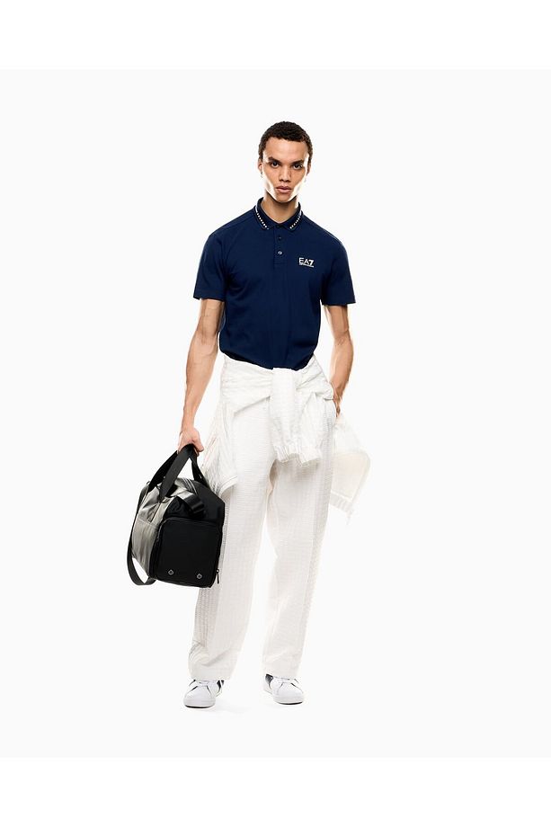 Erkek Regular Fit Esnek Pamuklu Pike Kumaş Yakası Desenli EA7 Logolu Kısa Kollu Mavi Polo Yaka T-Shi - 3