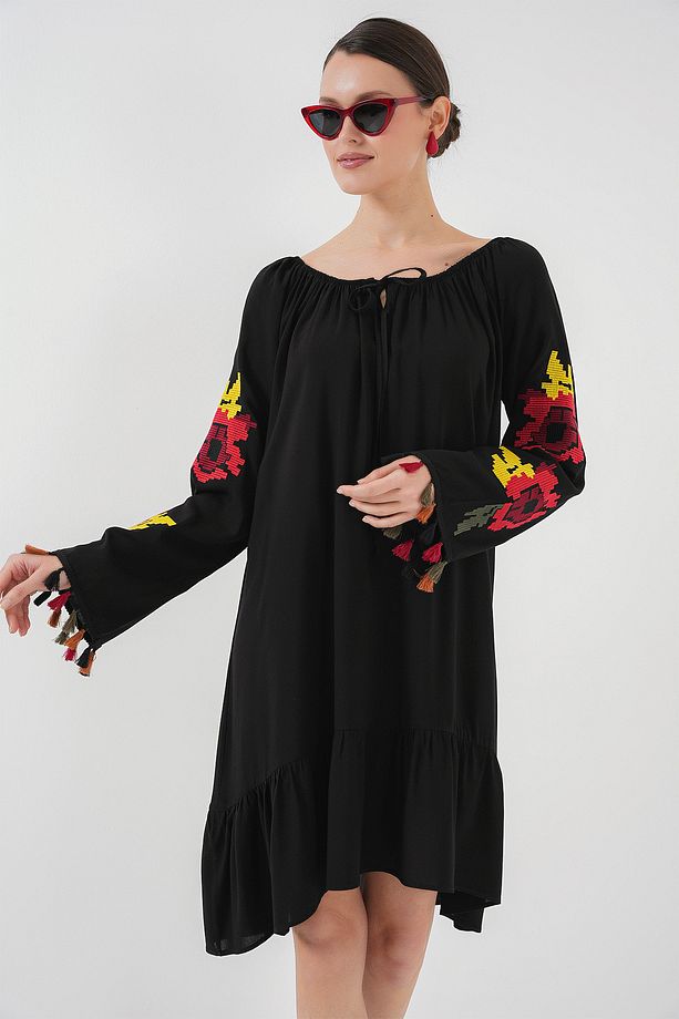 Nakışlı Midi Elbise 2531 - Siyah - 3